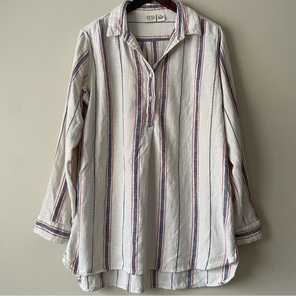 BOO GEMES 100% Cotton Red and Blue Striped Beach Oversized Shirt Dress Bohemian - Picture 1 of 5